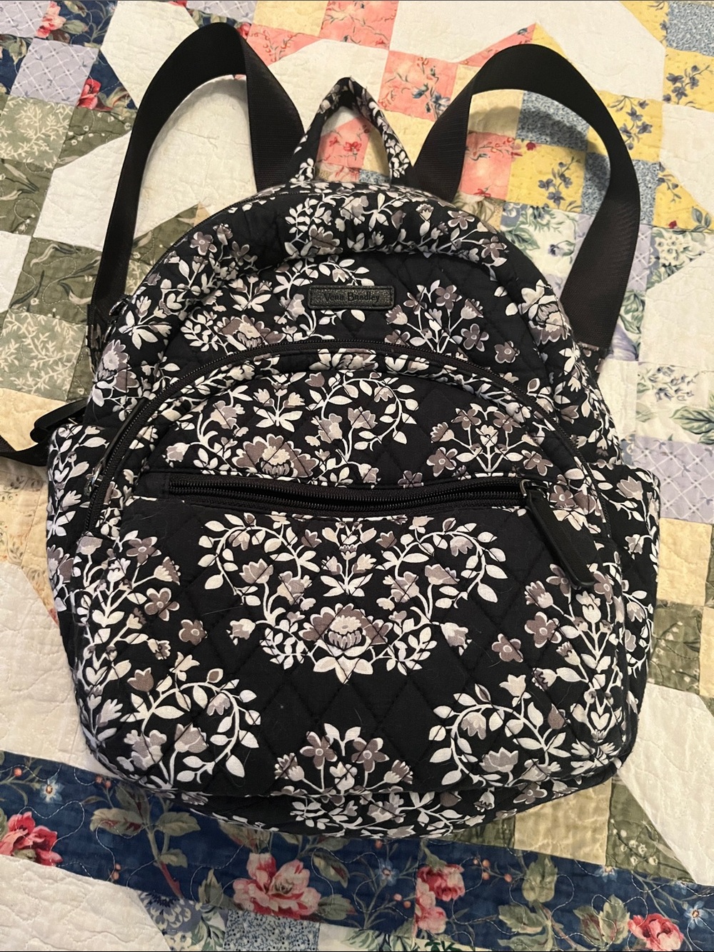 Quilted Vera Bradley Floral Smaller Backpack - Black/Gray